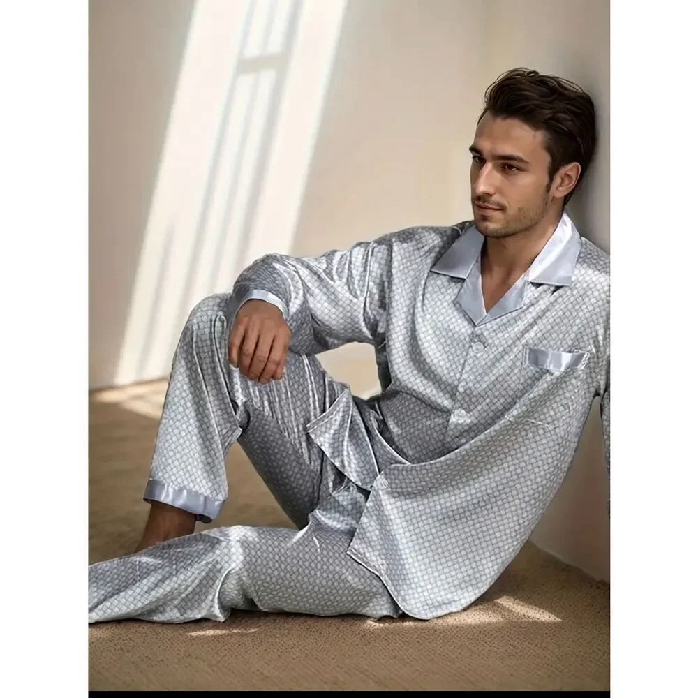 NWT Dreams M Men’s Silky Silver Satin Pants & Long sleeve top Shirt Pajama Set
